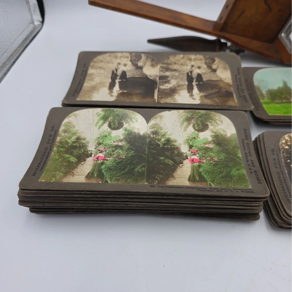 Antique Underwood Stereoscope Viewer Metal Wood and 60 Stereoview Sepia Cards